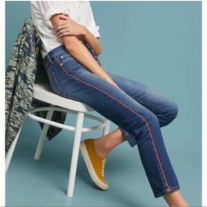Pilcro Anthropologie Relaxed Straight Red Stripe Button Fly Jeans Womens Size 26